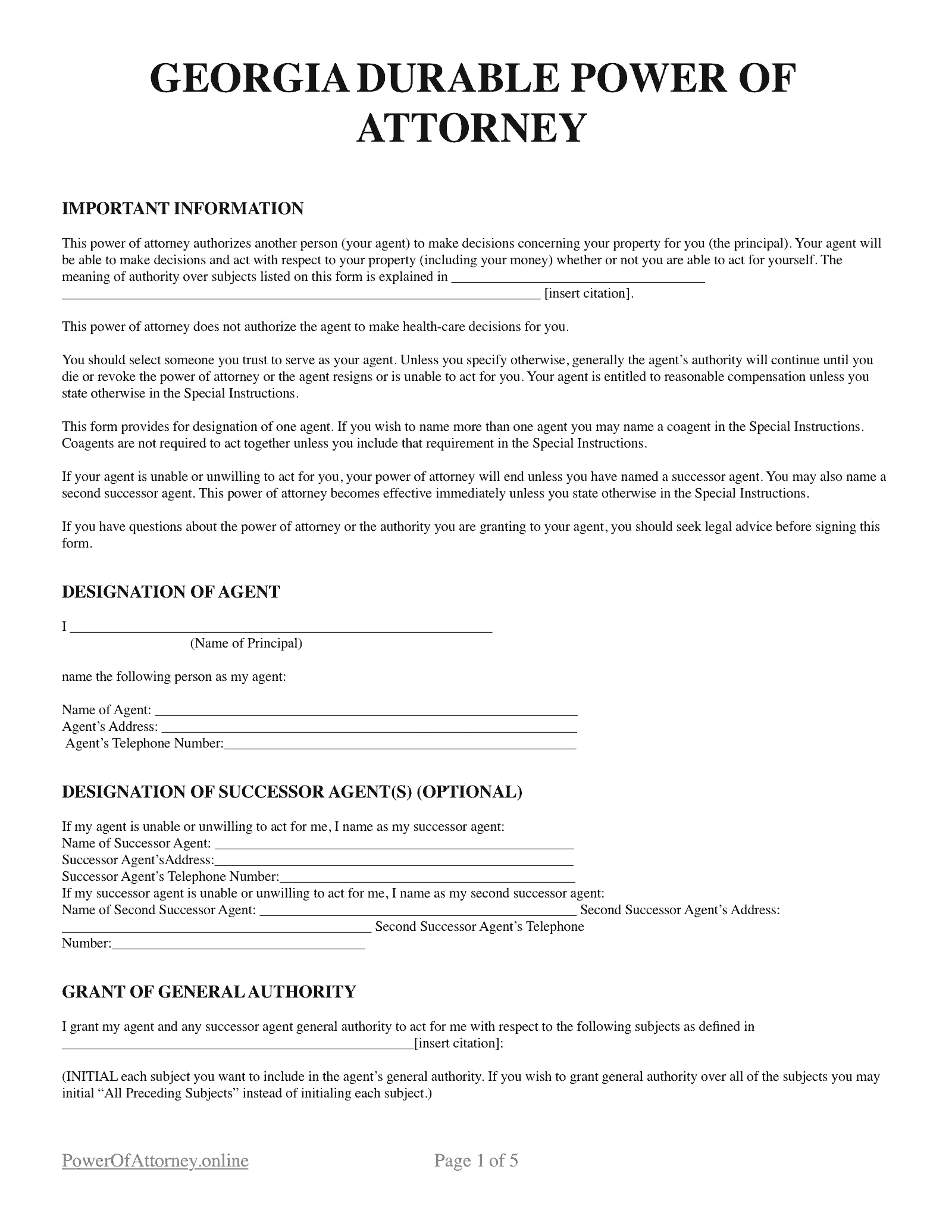 Free Georgia GA Power Of Attorney Forms U0026 Templates PDF