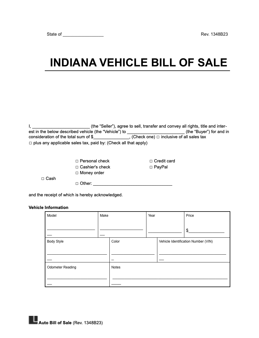 Free Indiana Motor Vehicle Bill Of Sale Form PDF U0026 Word