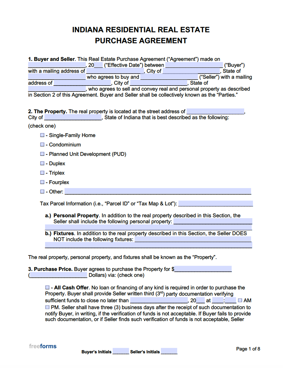 Free Indiana Real Estate Purchase Agreement Template PDF Word
