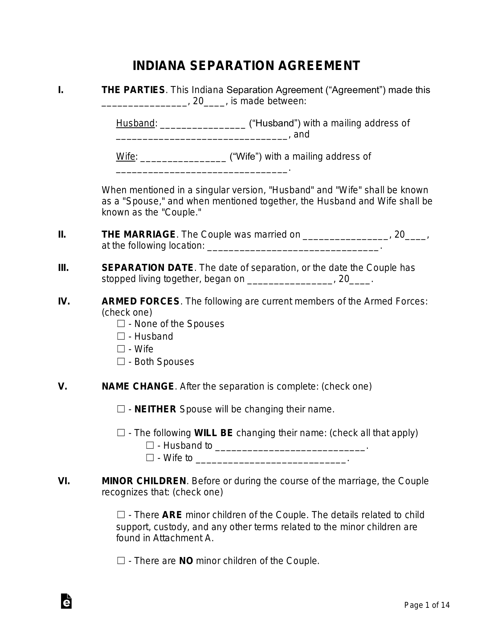Free Indiana Separation Agreement Template PDF Word EForms