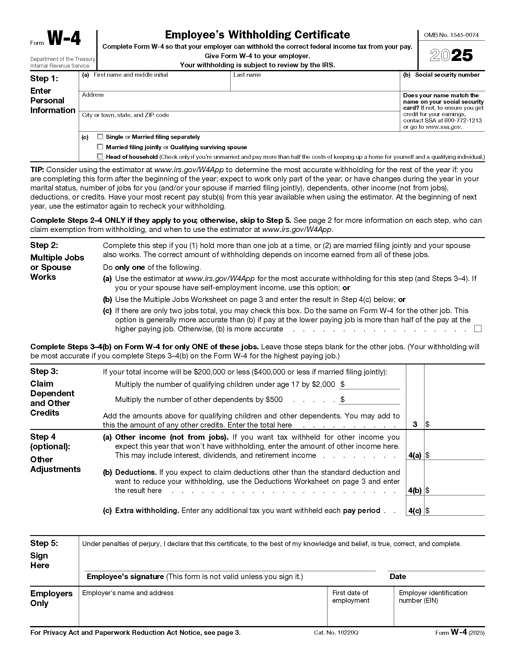 Free IRS Form W4 2024 PDF EForms