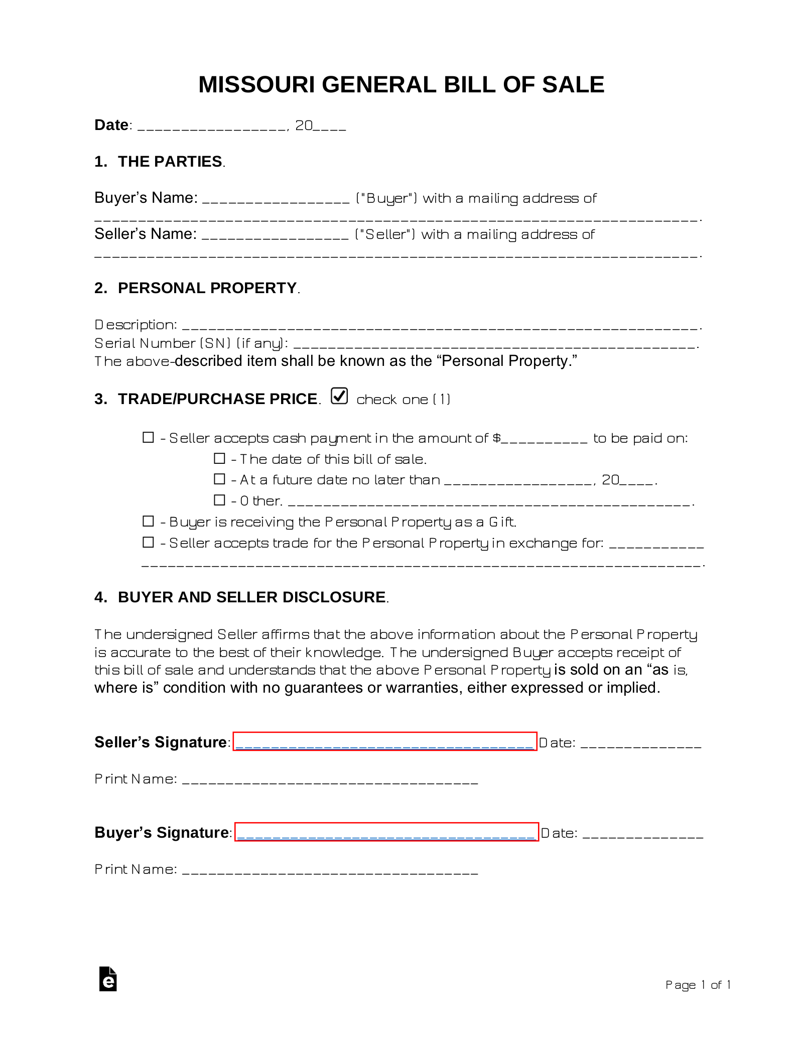 Free Missouri General Bill Of Sale Form PDF Word EForms