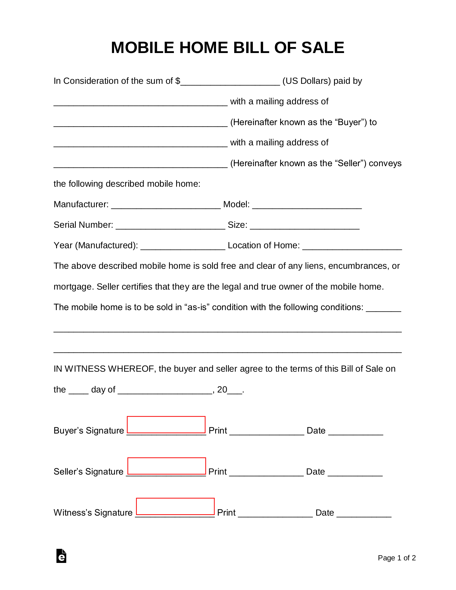 Free Mobile Manufactured Home Bill Of Sale Form PDF Word 