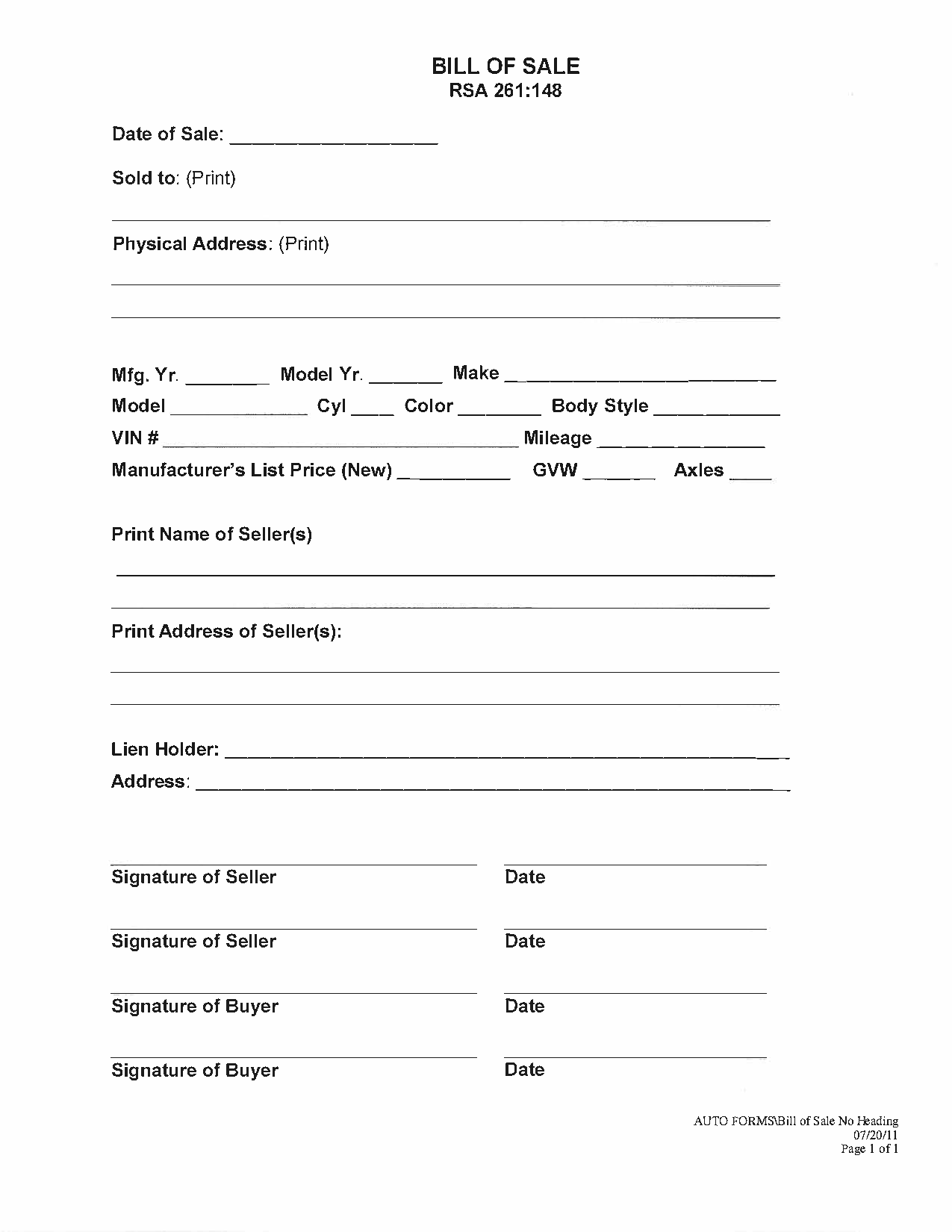 Free New Hampshire Motor Vehicle Bill Of Sale Form PDF