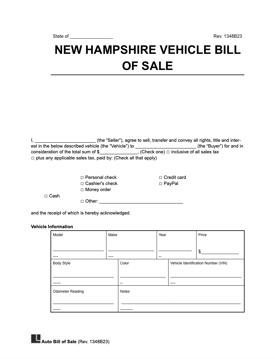 Free New Hampshire Motor Vehicle Bill Of Sale Form PDF U0026 Word