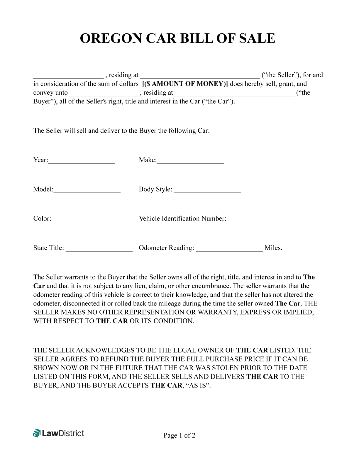 Free Oregon Bill Of Sale DMV U0026 Trailer Forms LawDistrict