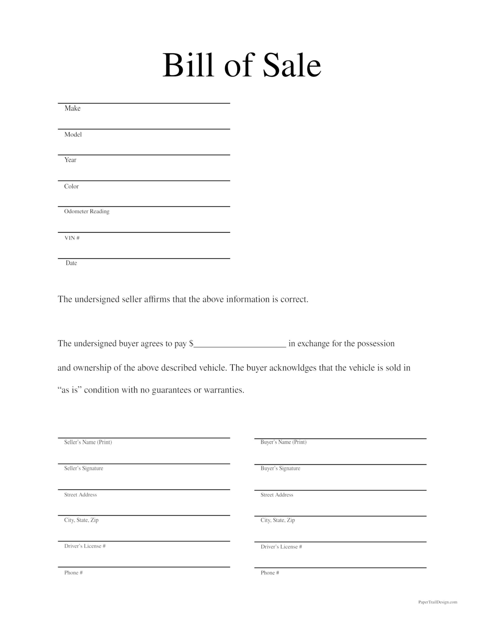 Free Printable Bill Of Sale Template Paper Trail Design