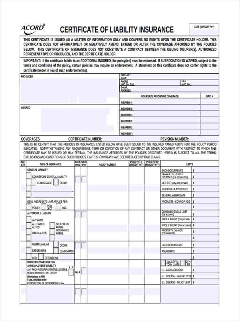 Free Printable Pdf Blank Certificate Of Insurance Form We Love Printables