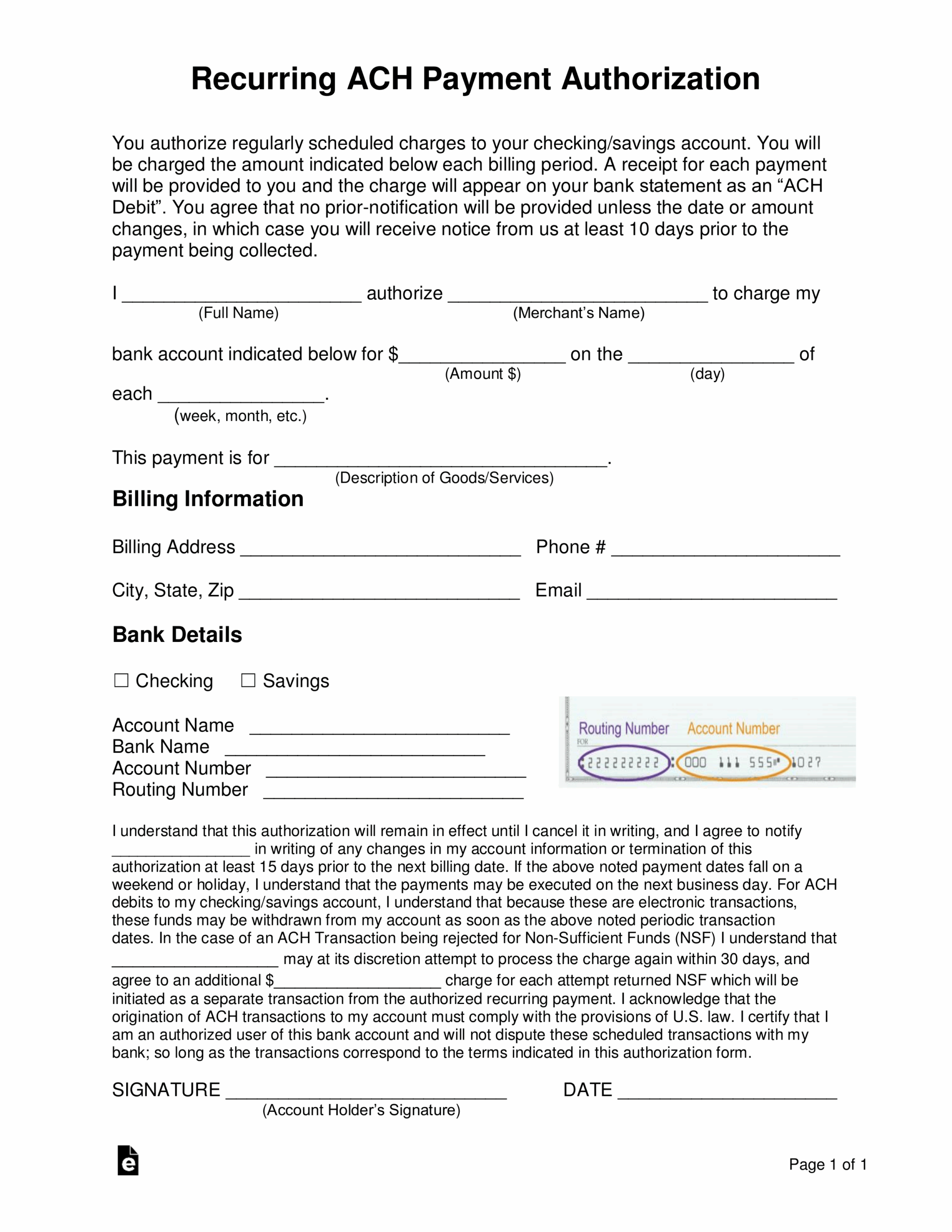 Free Recurring ACH Payment Authorization Form PDF Word EForms