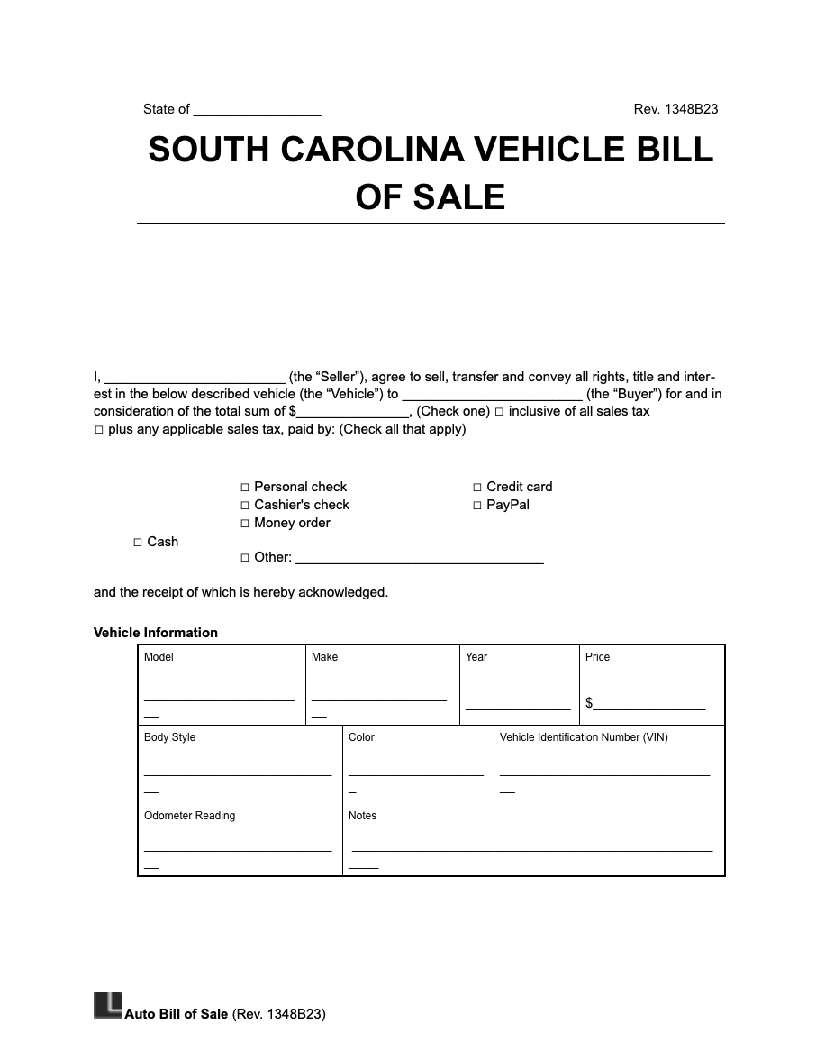 Free South Carolina Motor Vehicle Bill Of Sale Form PDF U0026 Word