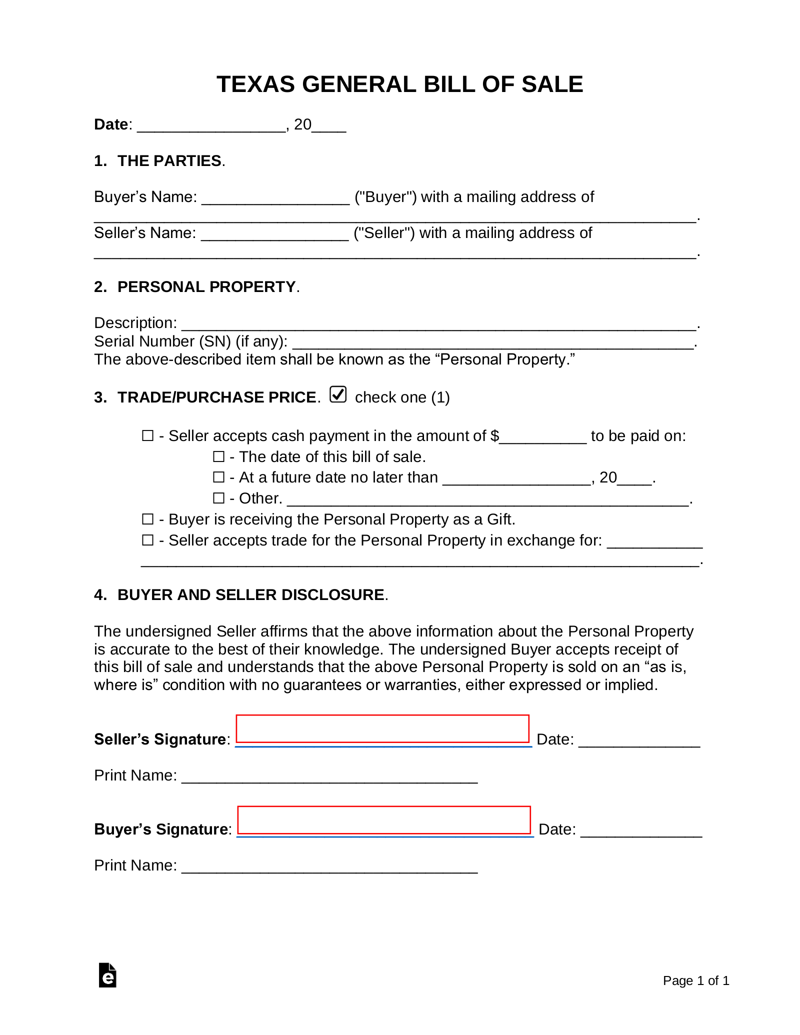Free Texas General Bill Of Sale Form PDF Word EForms