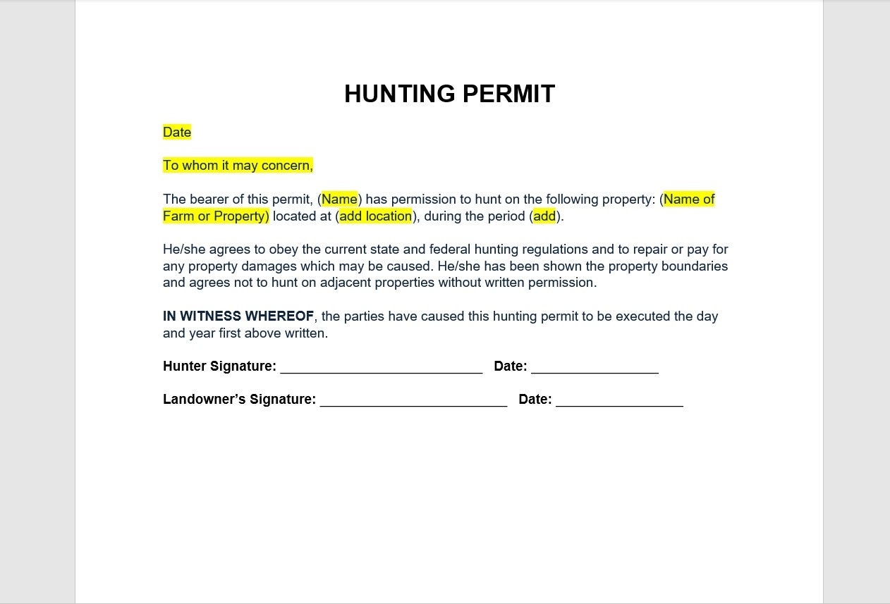 Hunting Permit Agreement Hunting Permit Agreement Template Hunting Permit Permit Template Word Template Simple Template