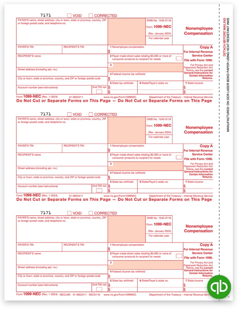 Intuit QuickBooks 1099 NEC Form IRS Copy A DiscountTaxForms