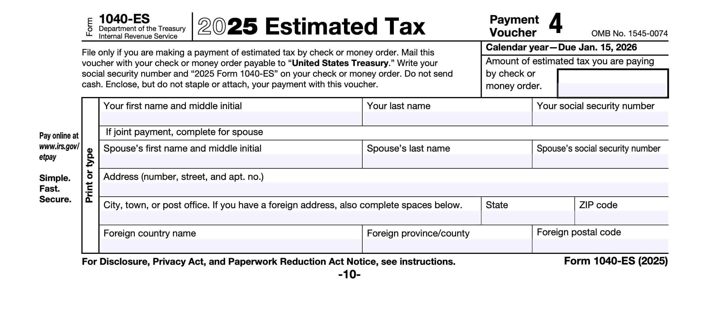 IRS Form 1040 ES Instructions Estimated Tax Payments