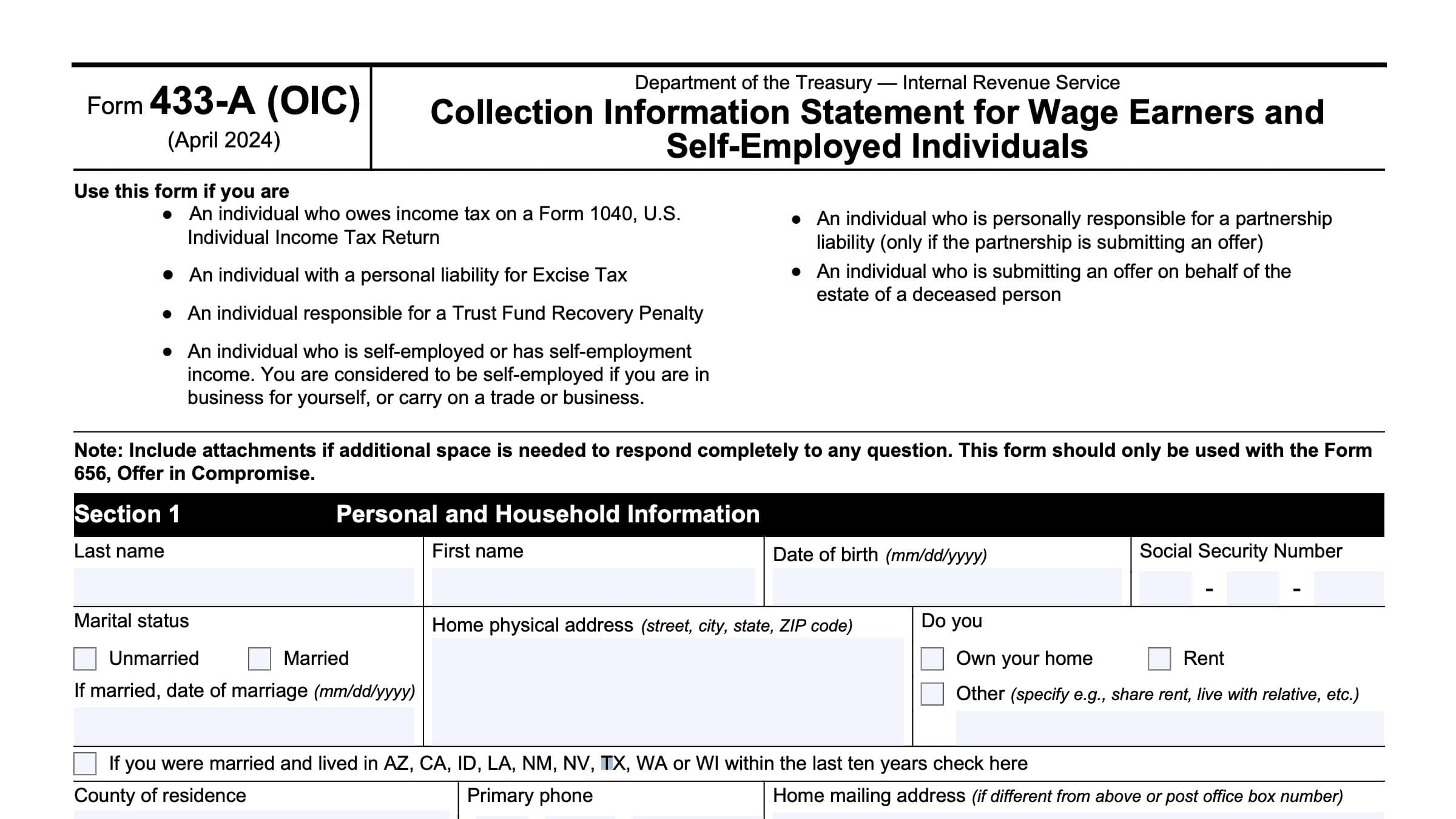 IRS Form 433 A Instructions Collection Information Statement
