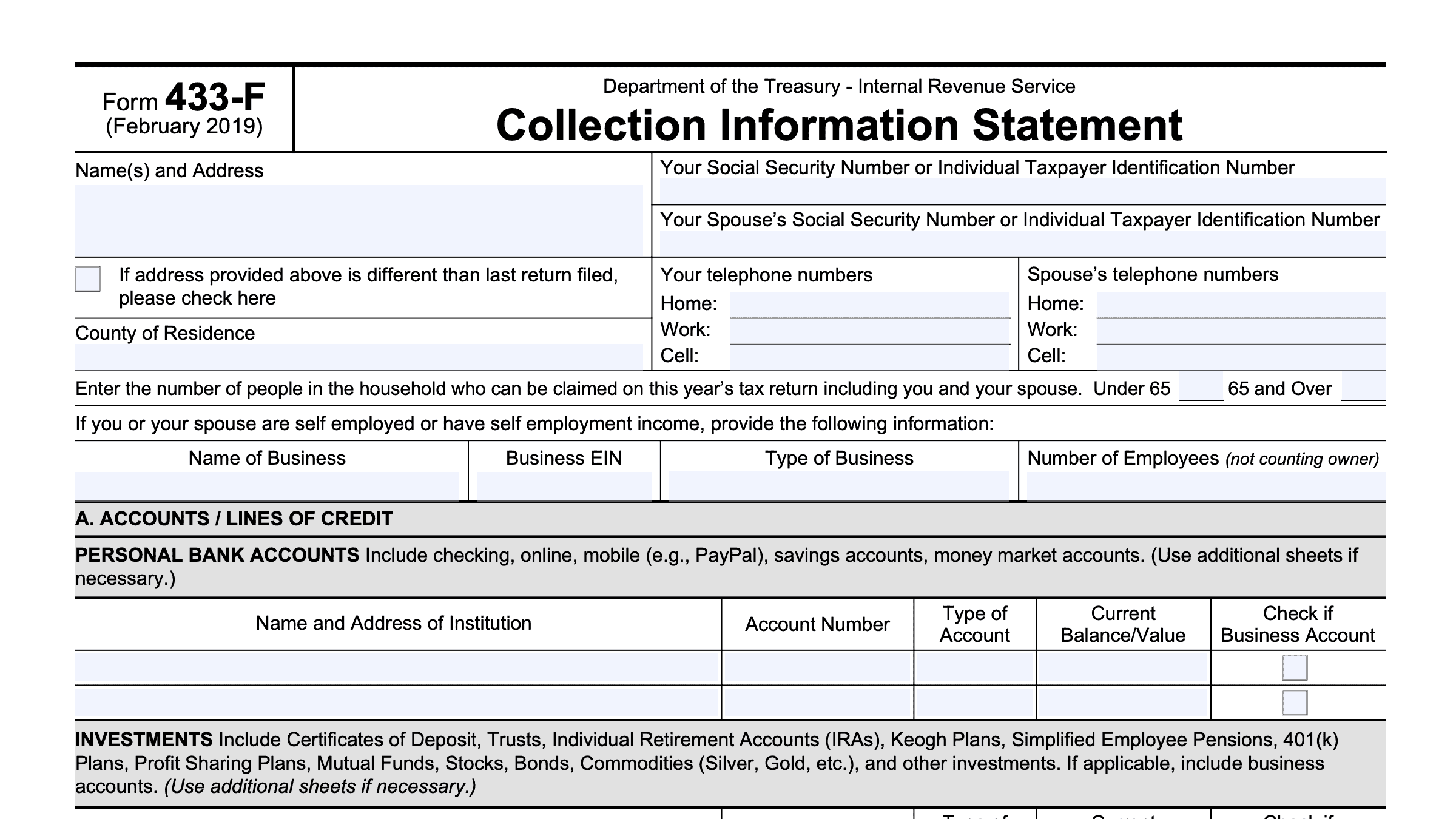 IRS Form 433 F Instructions The Collection Information Statement