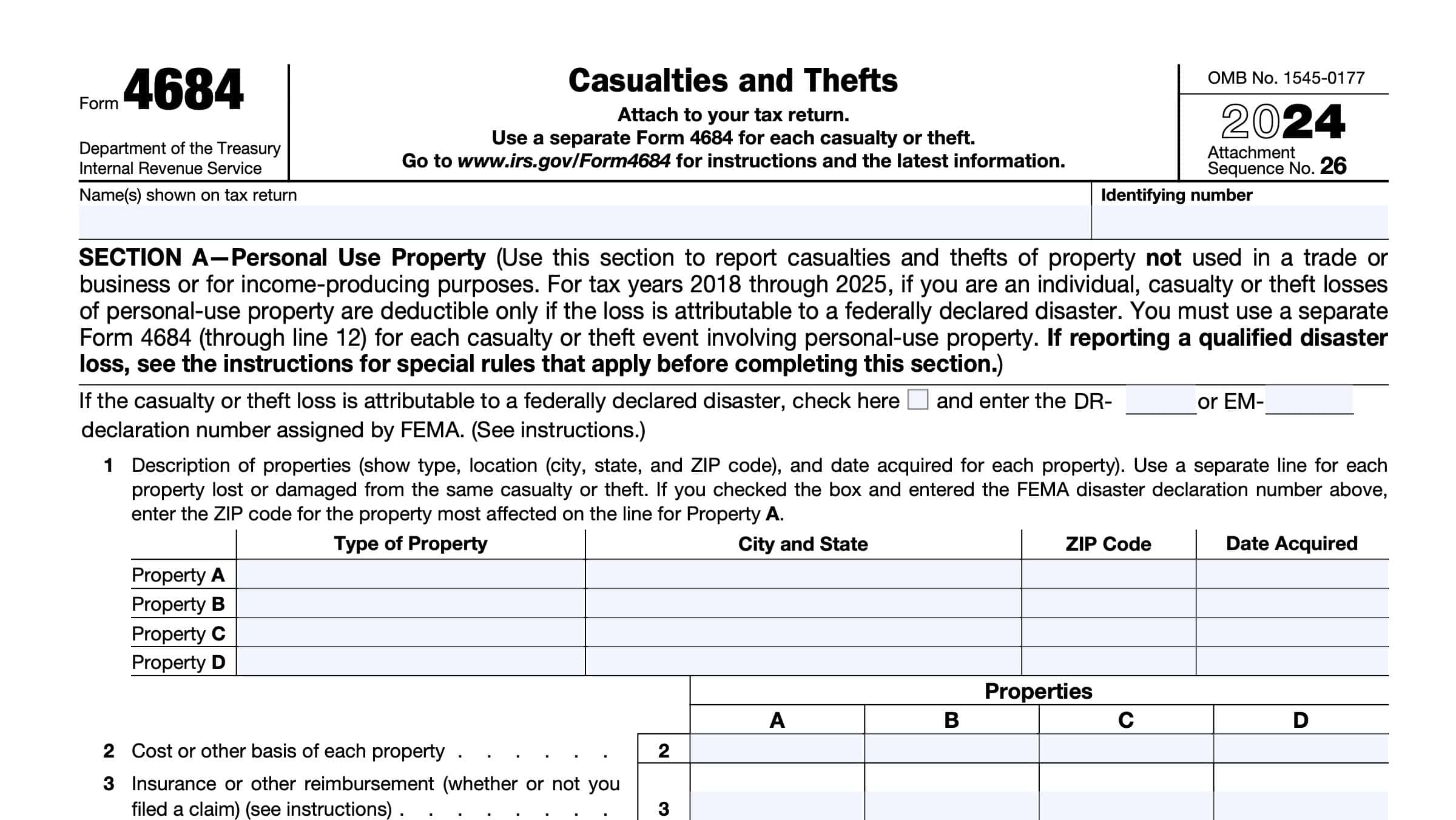 IRS Form 4684 Instructions Deducting Casualty U0026 Theft Losses