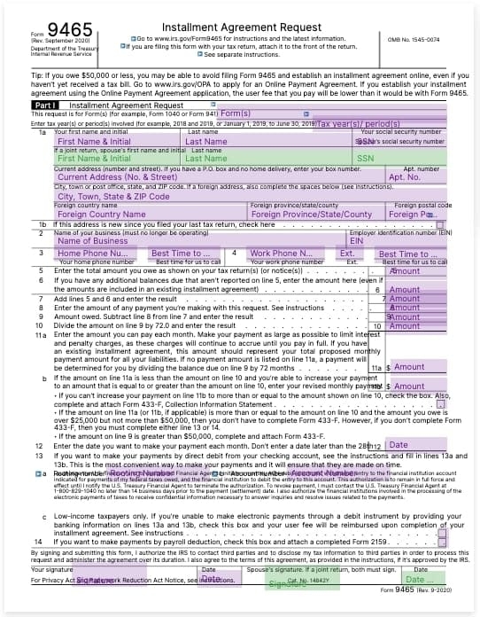 IRS Form 9465 Installment Agreement Request Fill Template
