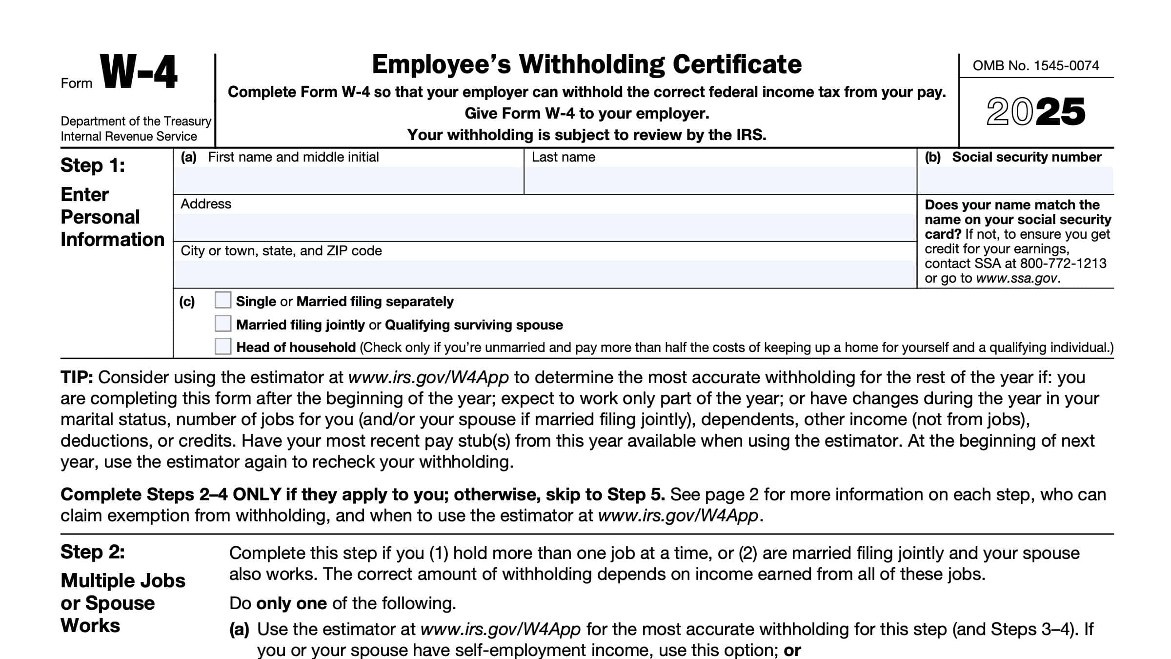 IRS Form W 4 Instructions Employee s Withholding Certificate