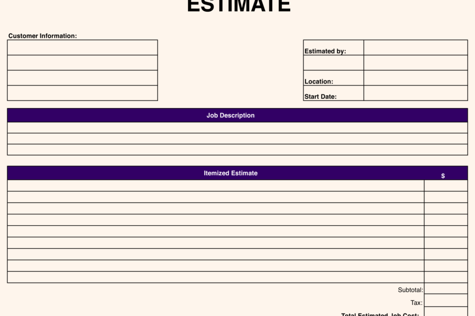 Job Estimate Blank Free Printable Estimate Forms Printable Party Favors