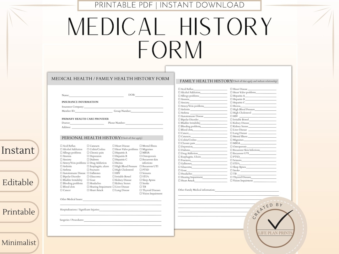 Medical History Form Family Medical History Form Family Health History Personal Health History Medical Record Tracker Etsy