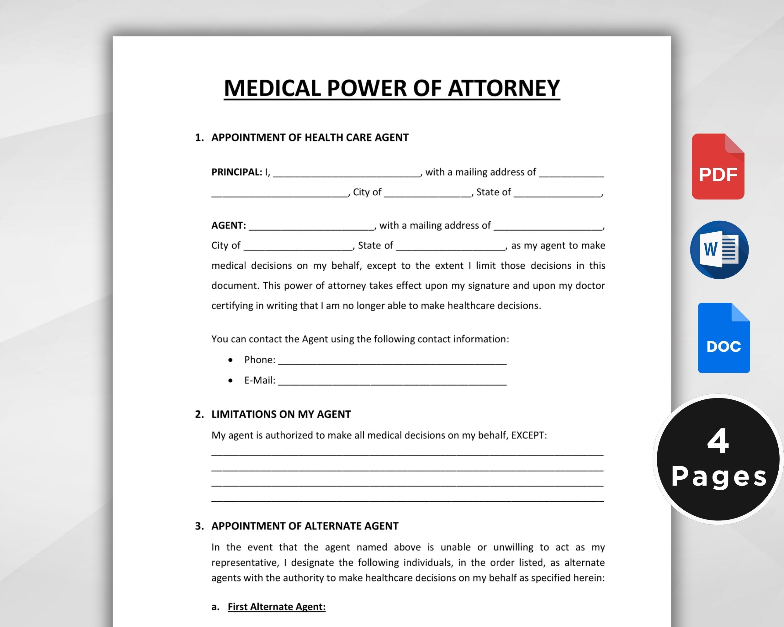 Medical Power Of Attorney Form Printable Medical Power Of Attorney Template Health Care Power Of Attorney Form Google Docs Word PDF Etsy UK