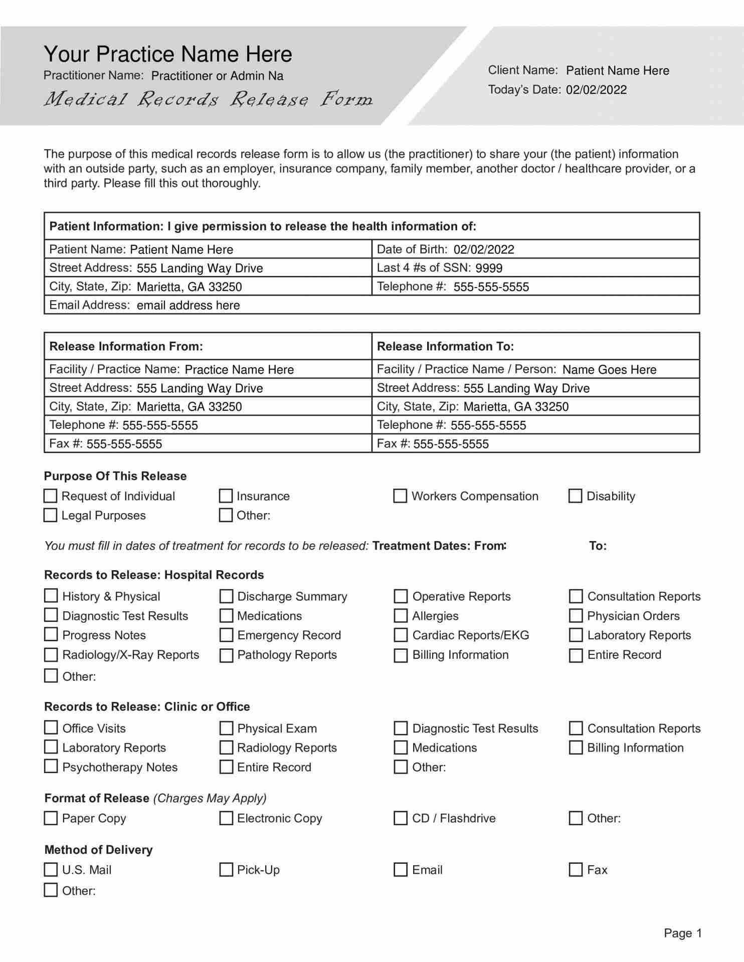 Medical Records Release Form PDF Template TherapyByPro