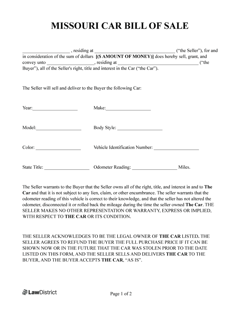 Missouri Bill Of Sale Vehicle U0026 Firearm LawDistrict