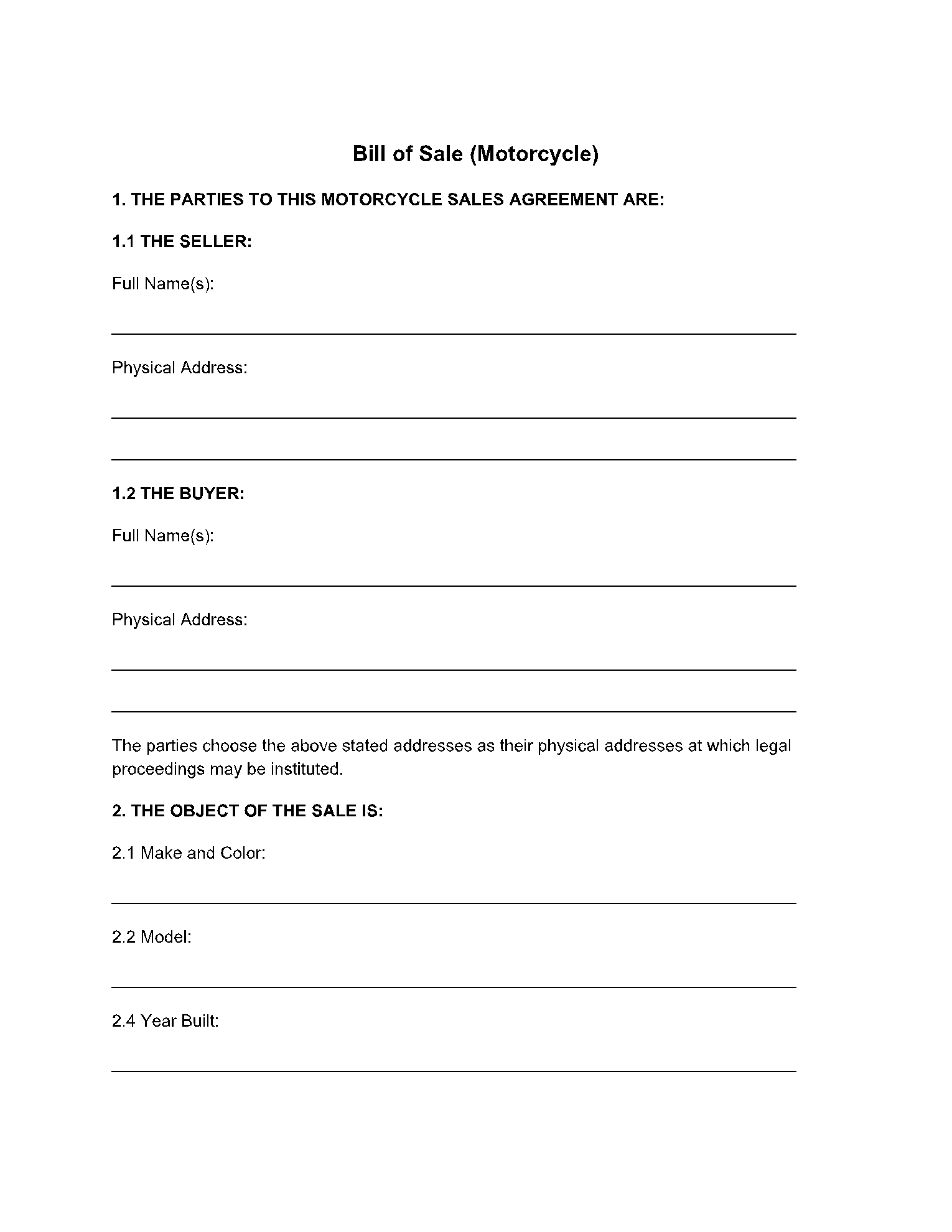 Motorcycle Bill Of Sale Template Free Download CocoSign