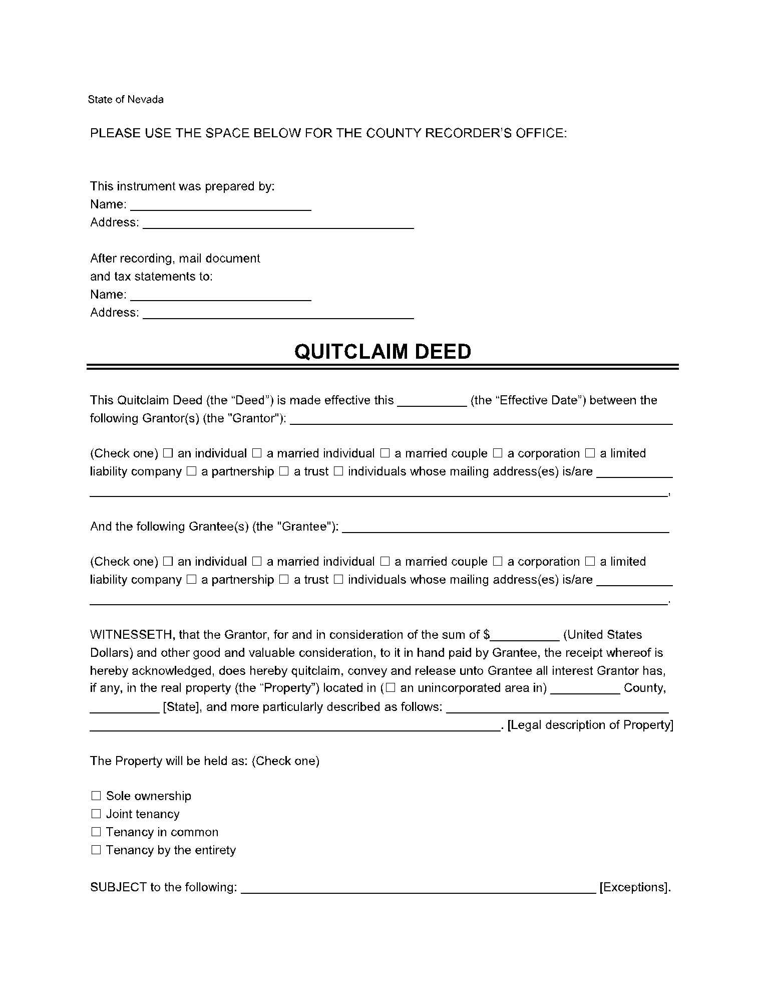 Nevada Quit Claim Deed Form Free Template CocoSign