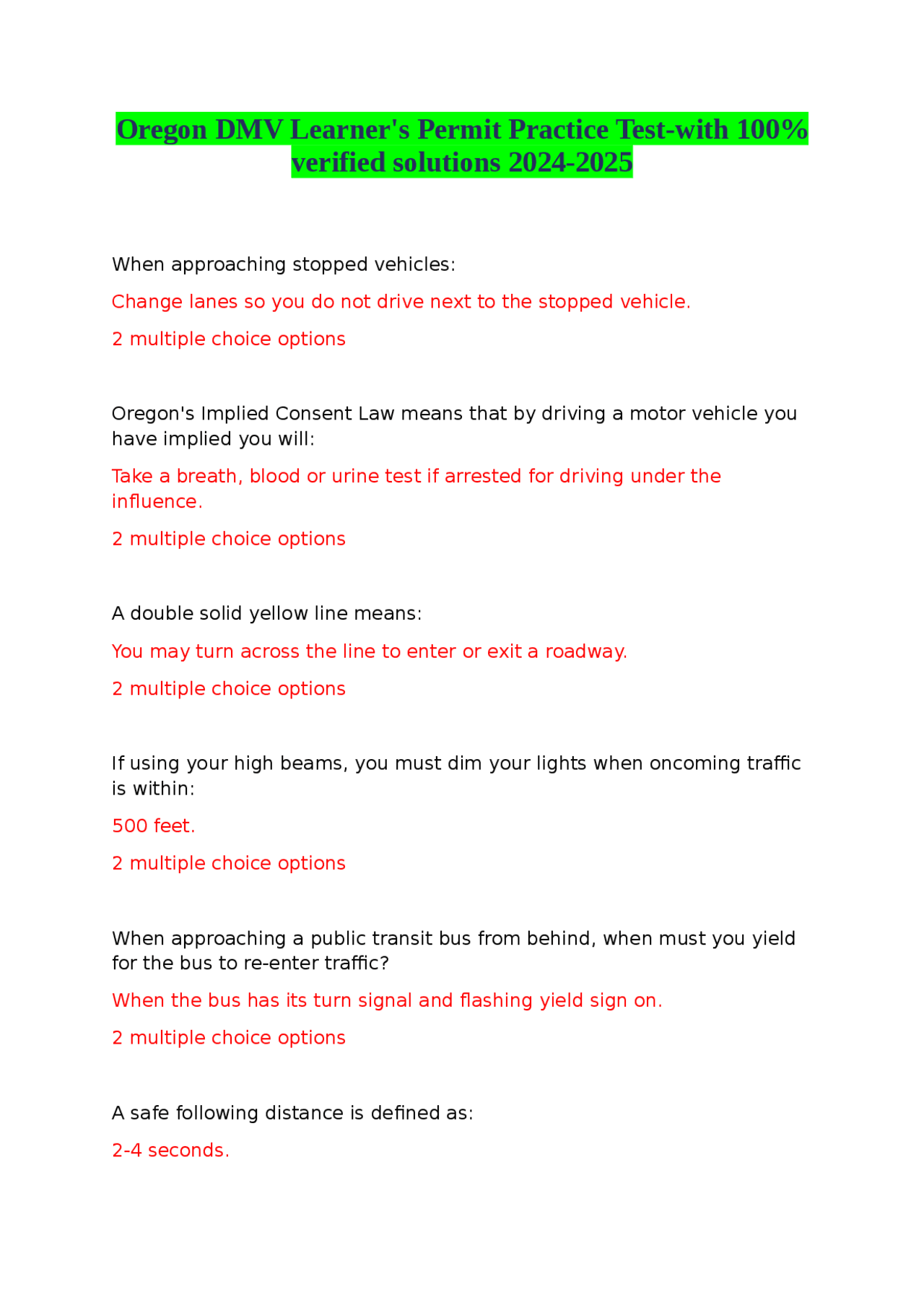 Oregon DMV Learner s Permit Practice Test with 100 Verified 