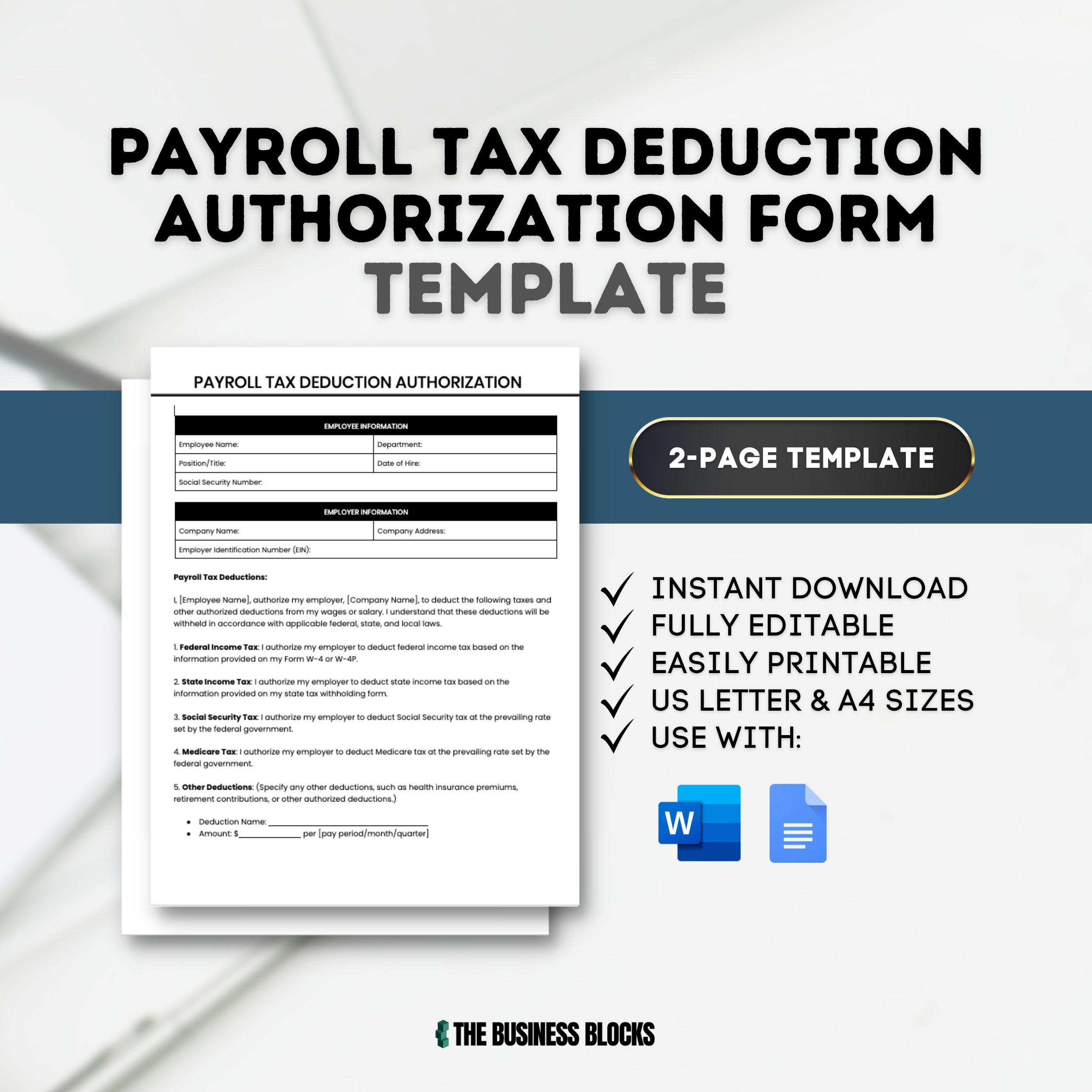 Payroll Tax Deduction Authorization Form Template Human Resources Employment Tax Withholding Form Employee Wage Deduction Form Salary Deduct Etsy