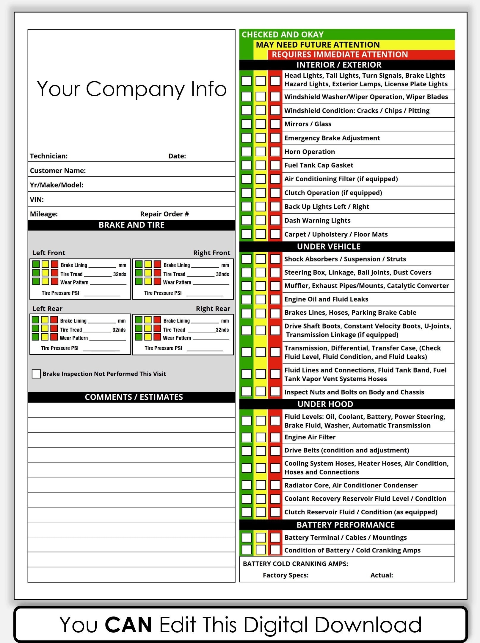 PDF Printable Vehicle Inspection Report CANVA Template Editable Car Or Equipment Rental Inspection Checklist Used Vehicle Inspection Sheet Etsy