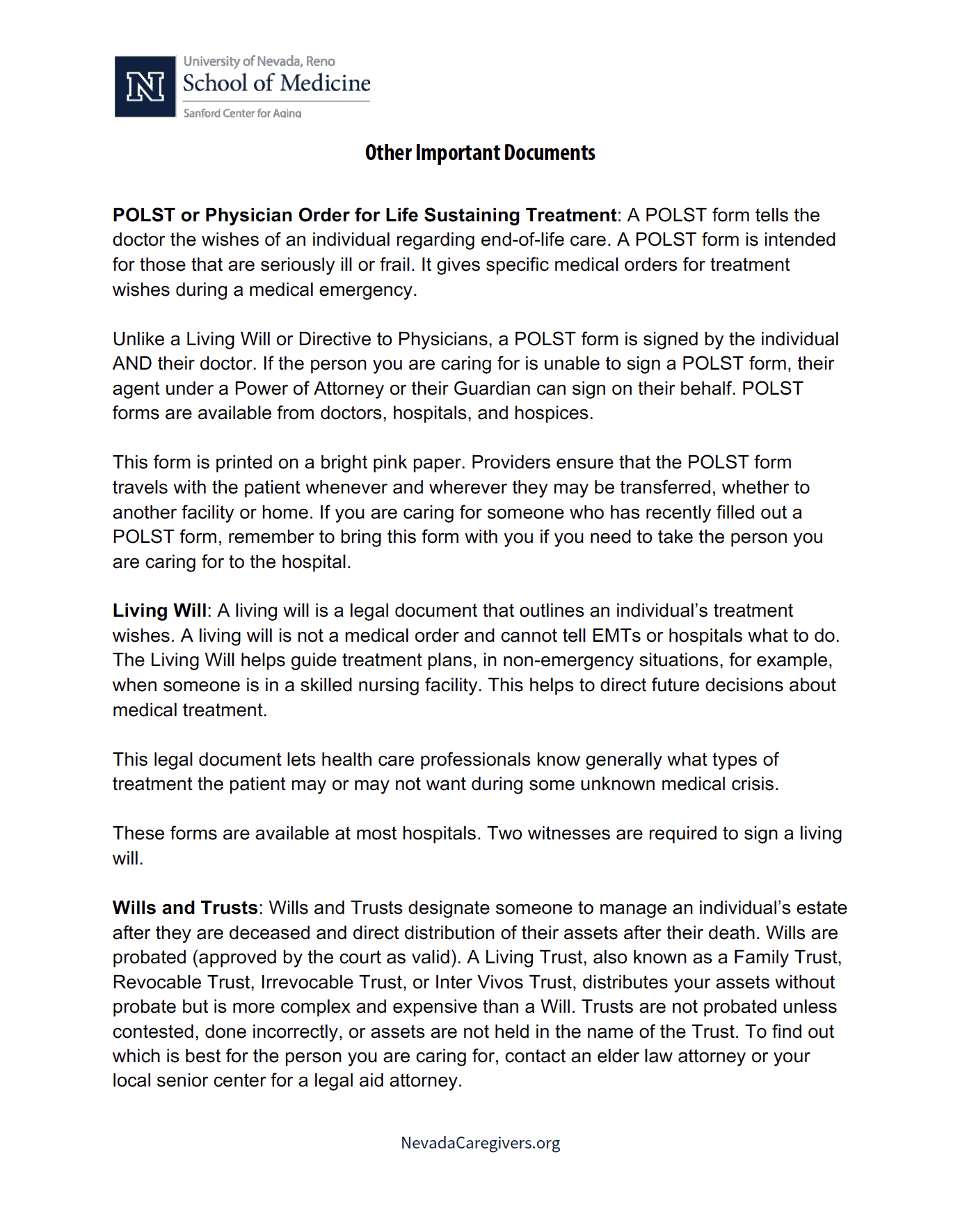 POLST Forms Living Wills Trusts And Wills Nevada Caregivers