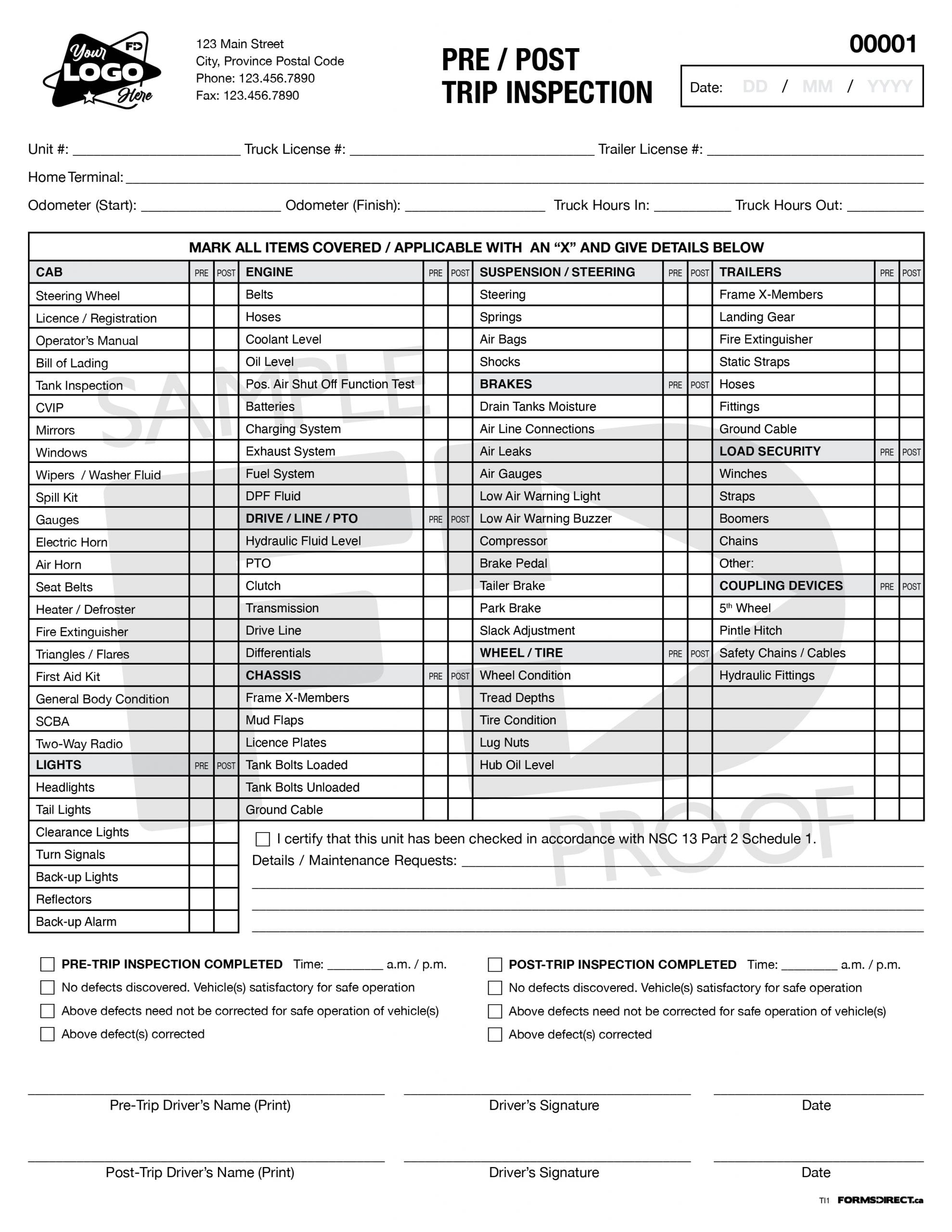 Pre Post Trip Inspection TI1 Form Template Forms Direct