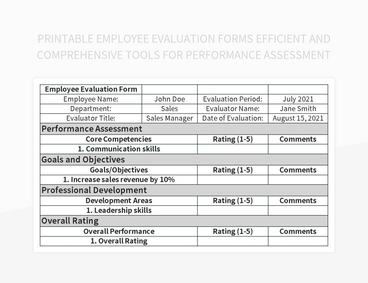 Printable Employee Evaluation Forms Efficient And Comprehensive Tools For Performance Assessment Excel Template And Google Sheets File For Free Download Slidesdocs