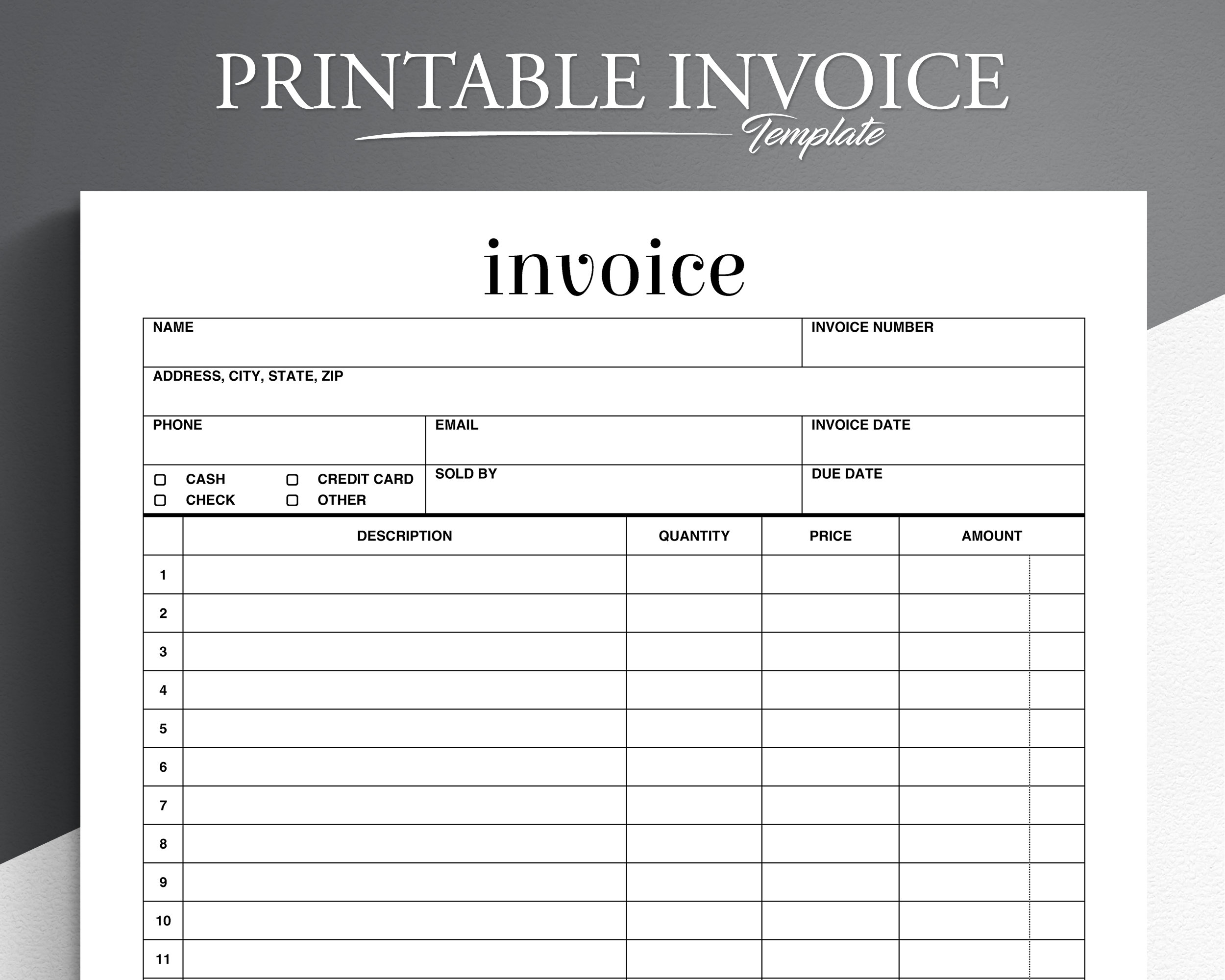 Printable Invoice Form Business Invoice Easy And Simple Invoice Form Etsy