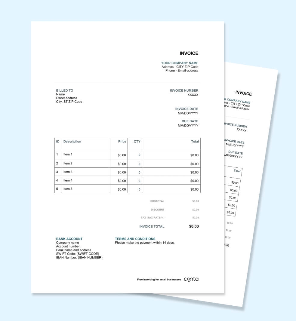 Printable Invoice Template Free Invoice Format Excel Word PDF Conta