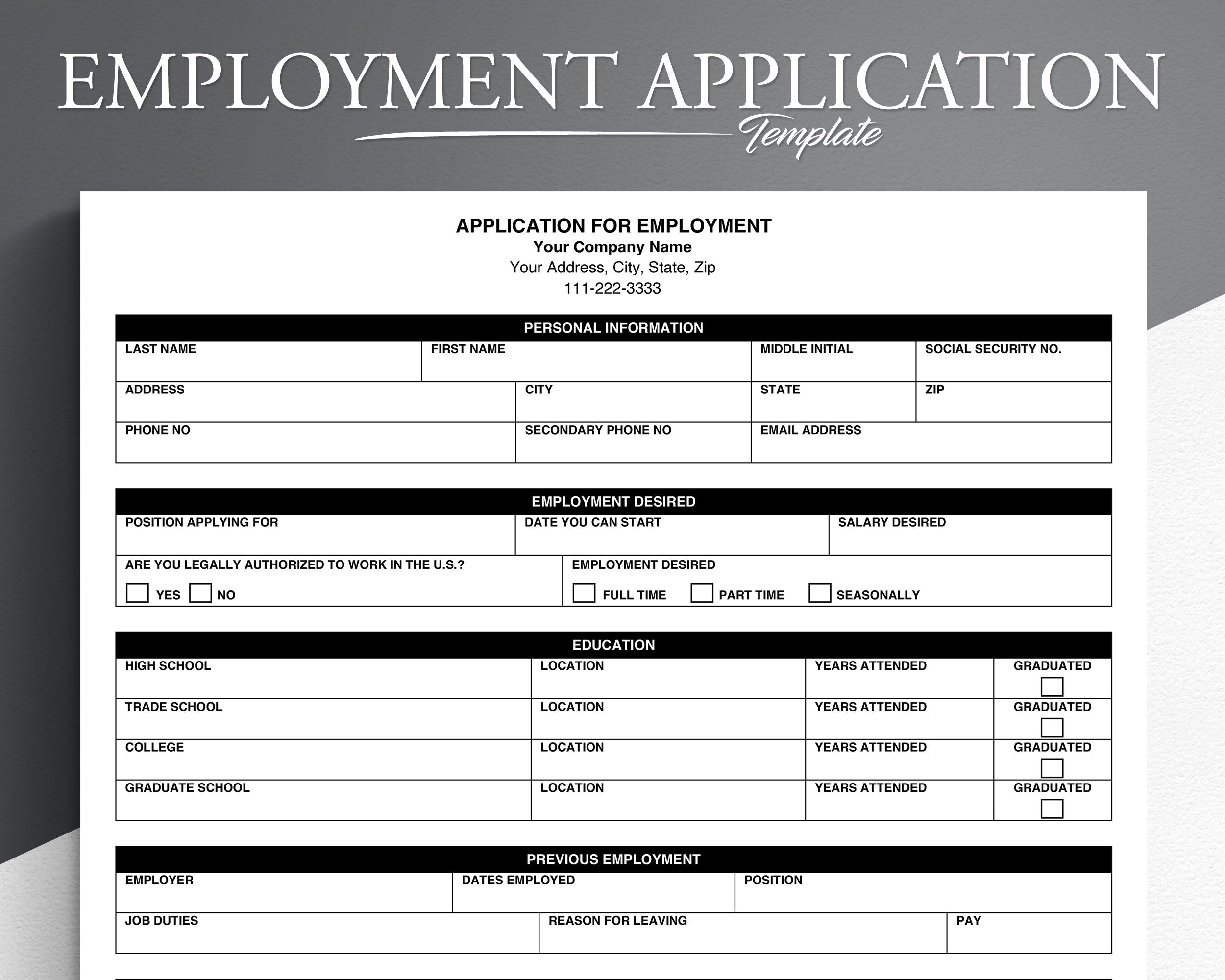 Printable Job Application Form Etsy