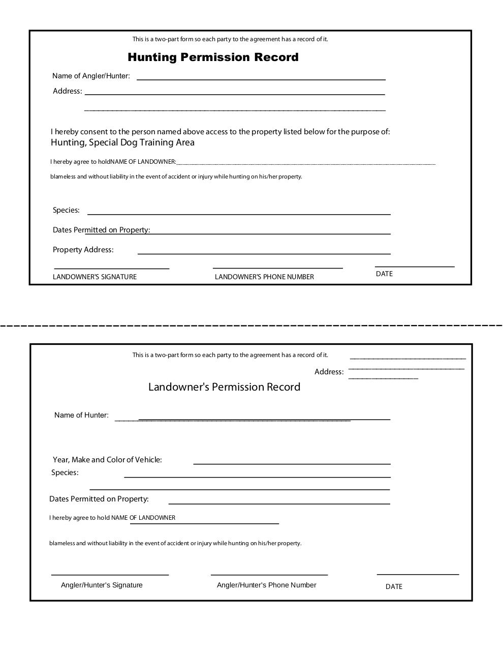 Private Land Hunting Permission Form Form