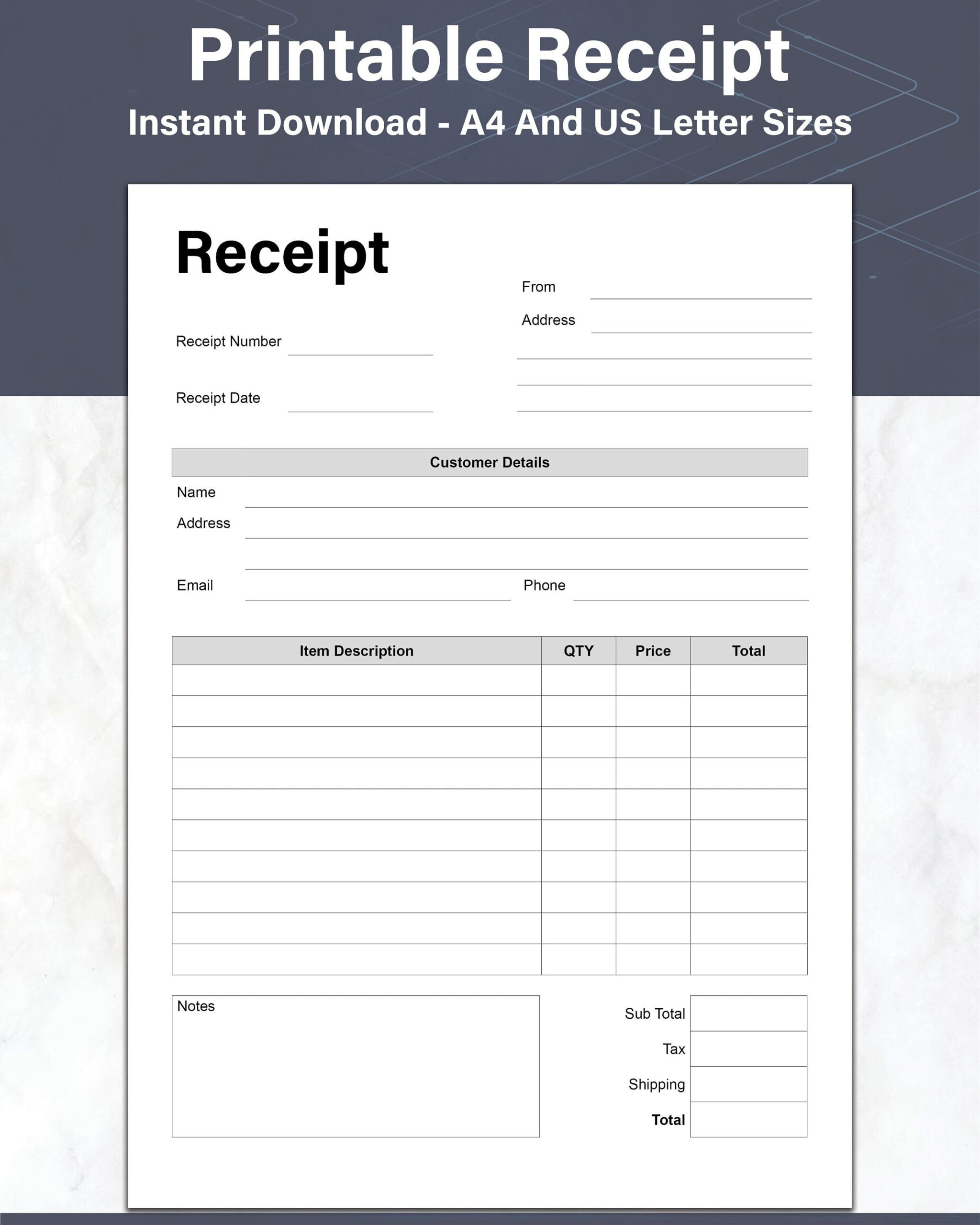 Receipt Template Printable Customer Order Receipt Small Business Sales Receipt Form A4 And US Letter PDF Etsy