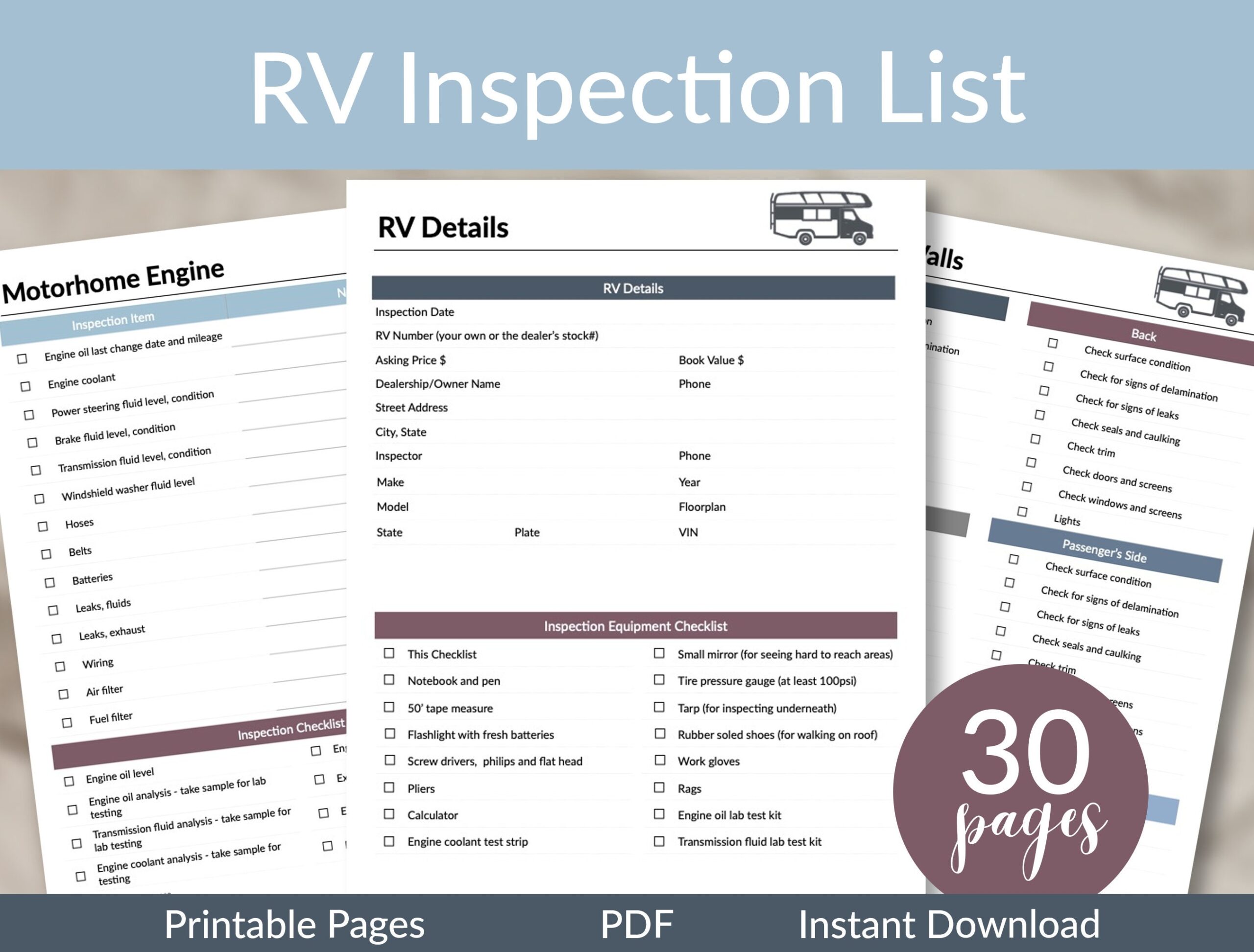RV Printable Inspection Checklists RV Planning RV Purchase List Motorhome Inspection List Travel Trailer Inspection Towable List Etsy Canada