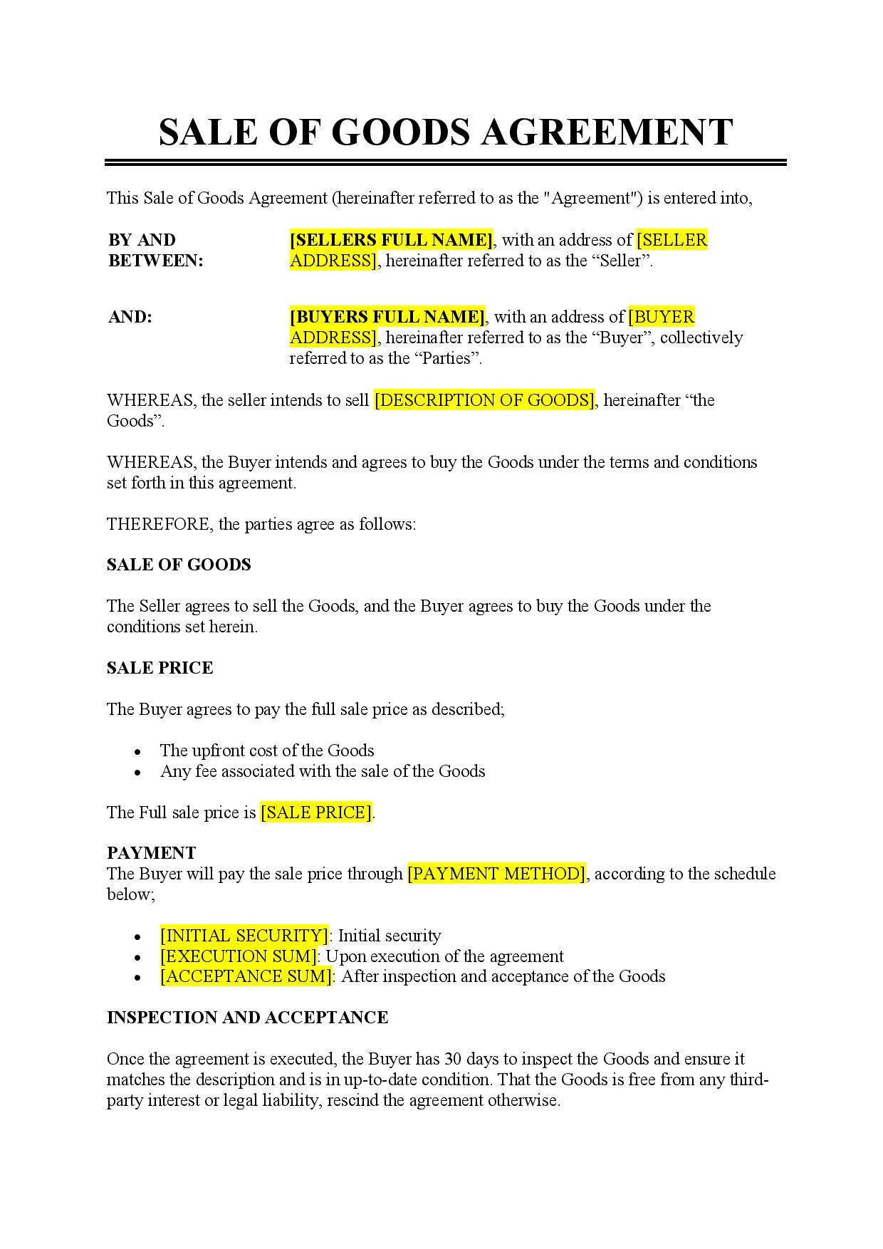 Sale Of Goods Agreement Template Free Download Easy Legal Docs