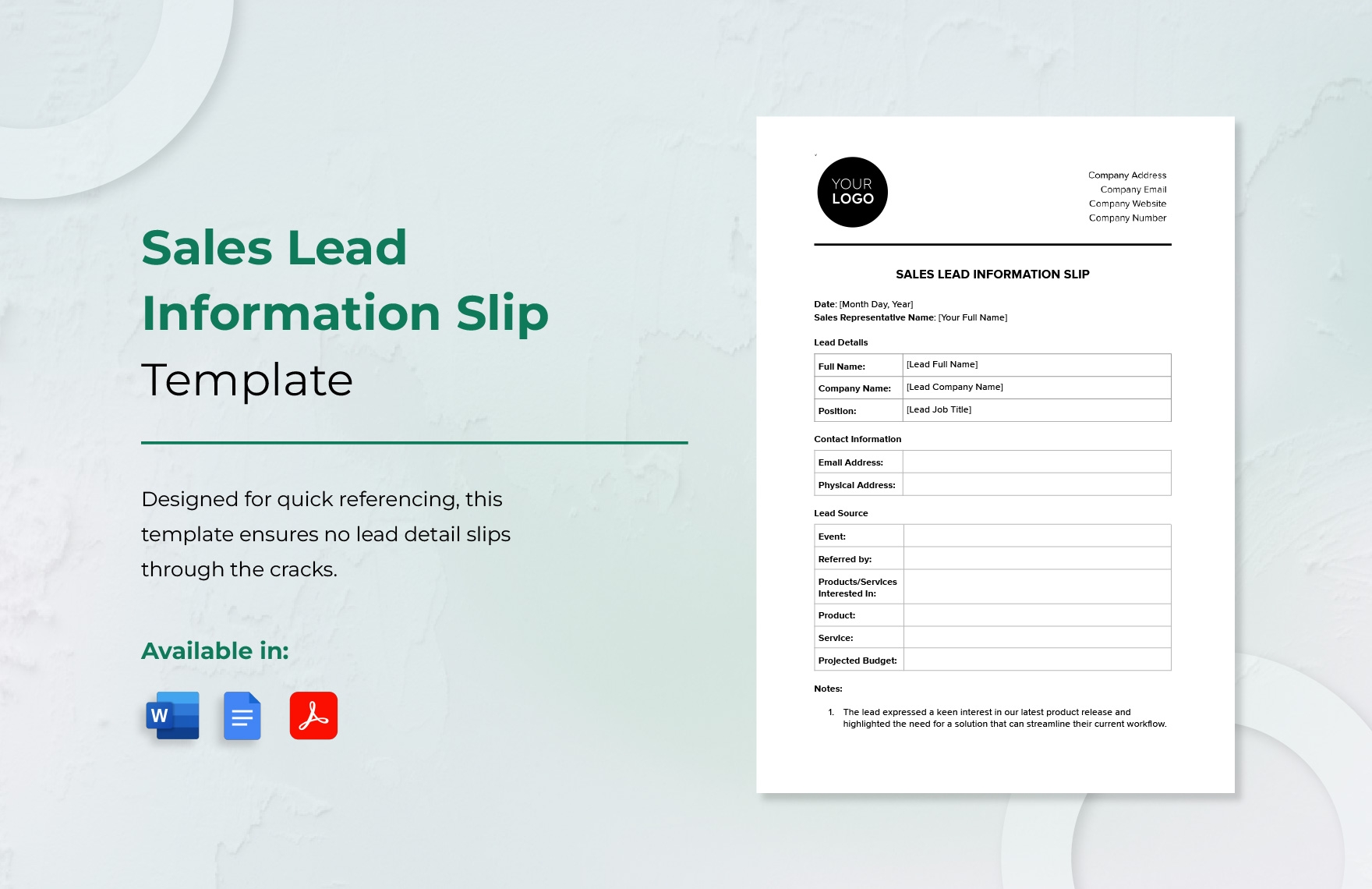Sales Lead Information Slip Template In Word PDF Google Docs Download Template