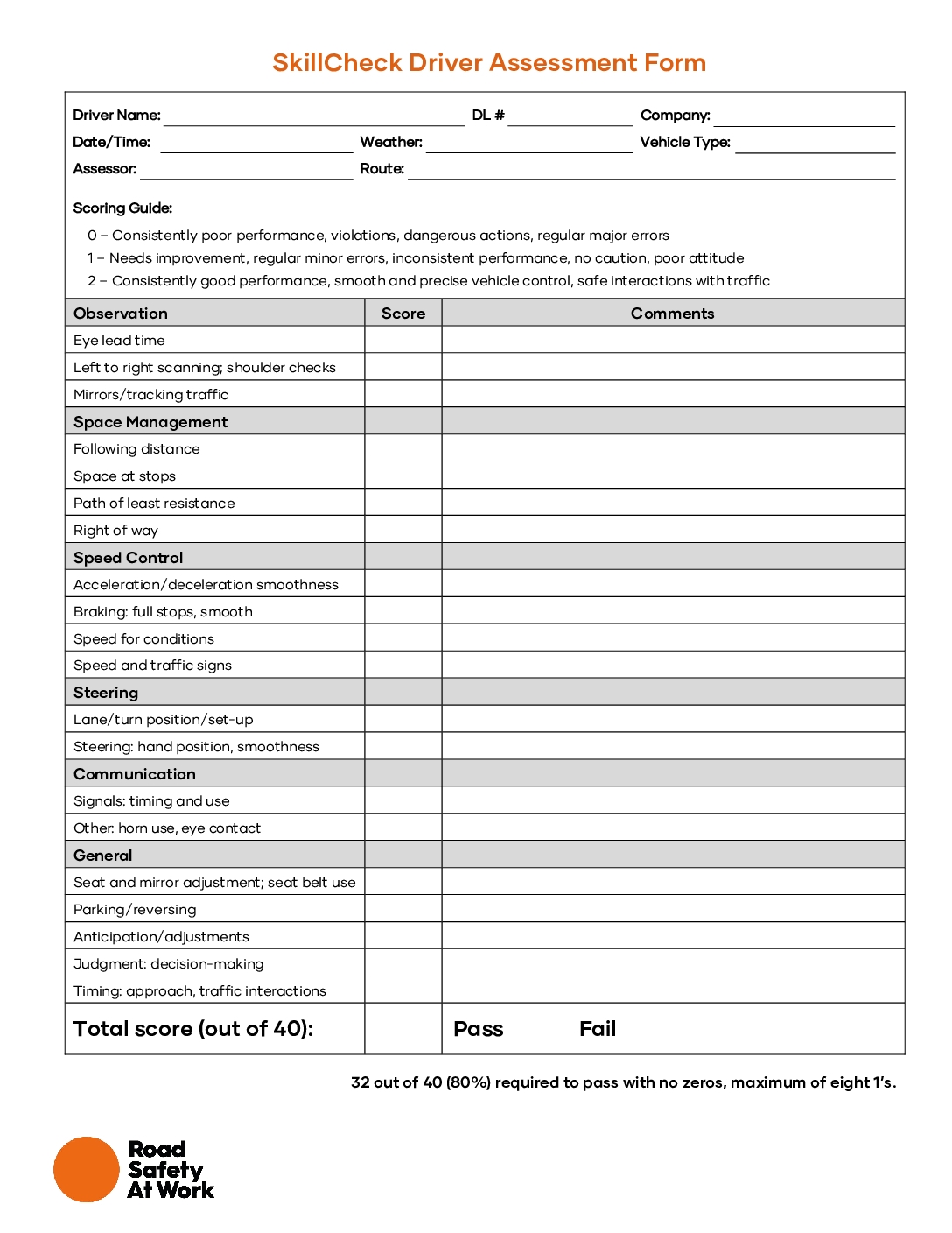 SkillCheck Driver Assessment Form Road Safety At Work
