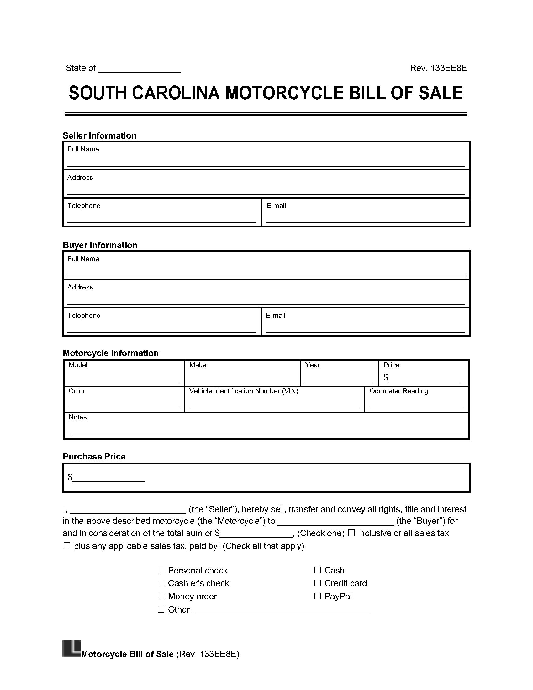 South Carolina Motorcycle Bill Of Sale Legal Templates