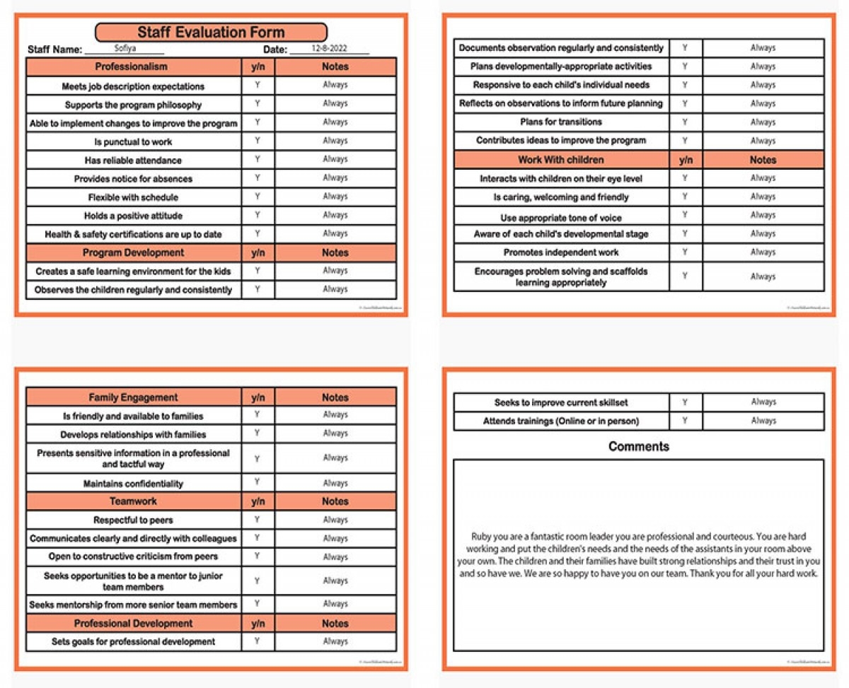 Staff Evaluation Form Aussie Childcare Network