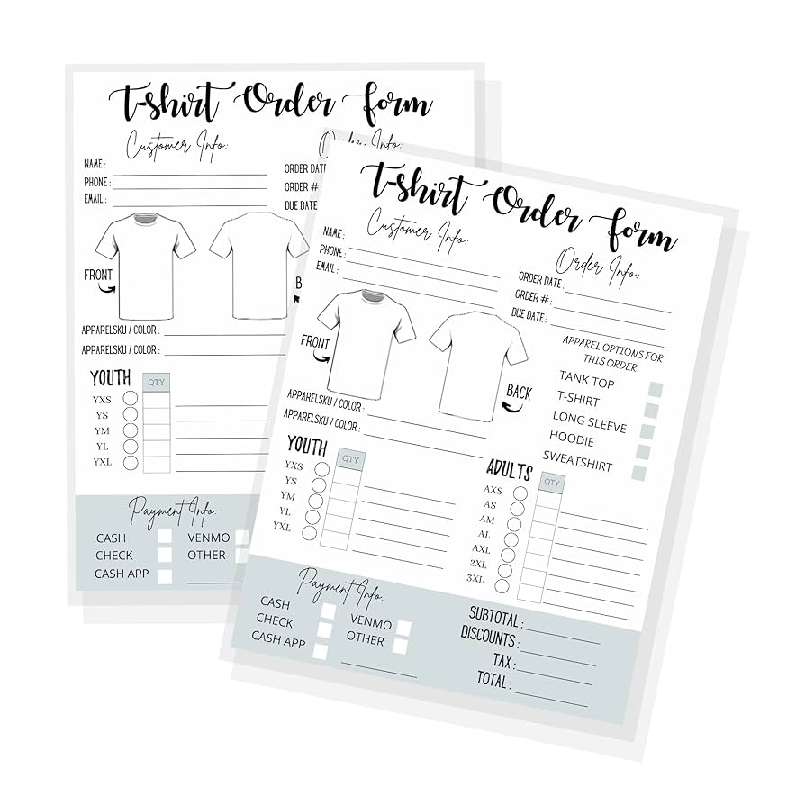 T Shirt Custom Order Form Hoodie Template Business Invoice 75 Pk 8 5x11 Inches Log Book Printable For Small Businesses New Orders Vinyl Decal 