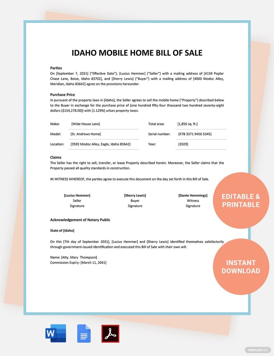 Texas Mobile Home Bill Of Sale Template In PDF Word Google Docs 