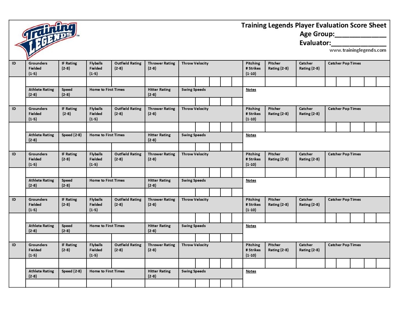 Training Legends Baseball Player Evaluation Score Sheet Template Training Legends